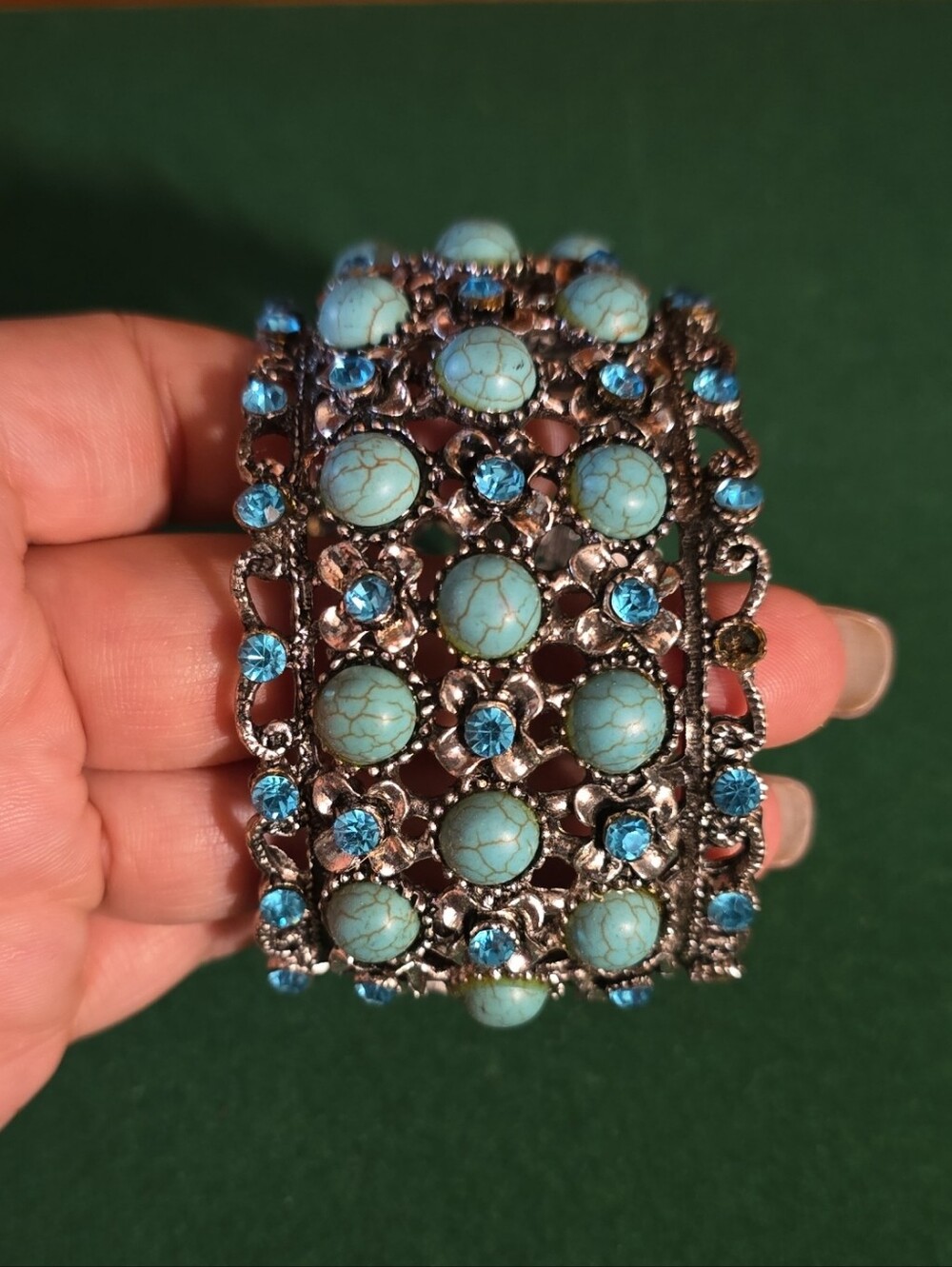 Turquoise Stone and Blue Crystal Filigree Bracelet